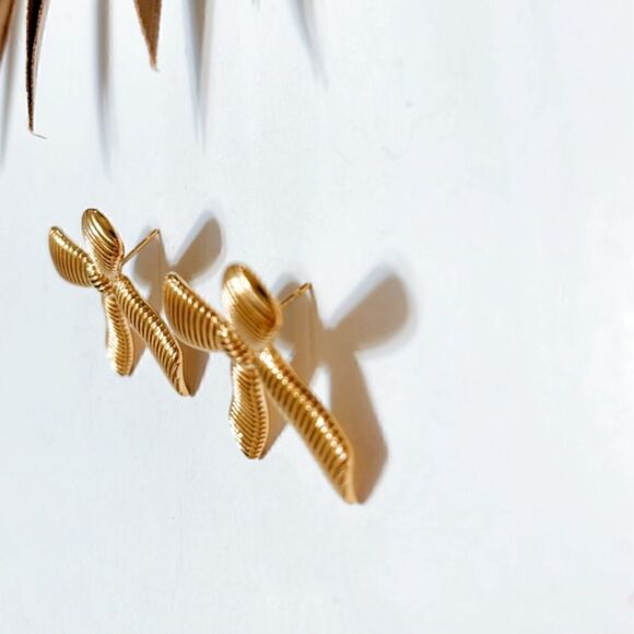 Gold bow stud earrings S471 - Picture 3 of 4